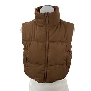 H&M Women's Brown Stand Collar Full Zip Sleeveless Crop Puffer Coat Jacket XXS